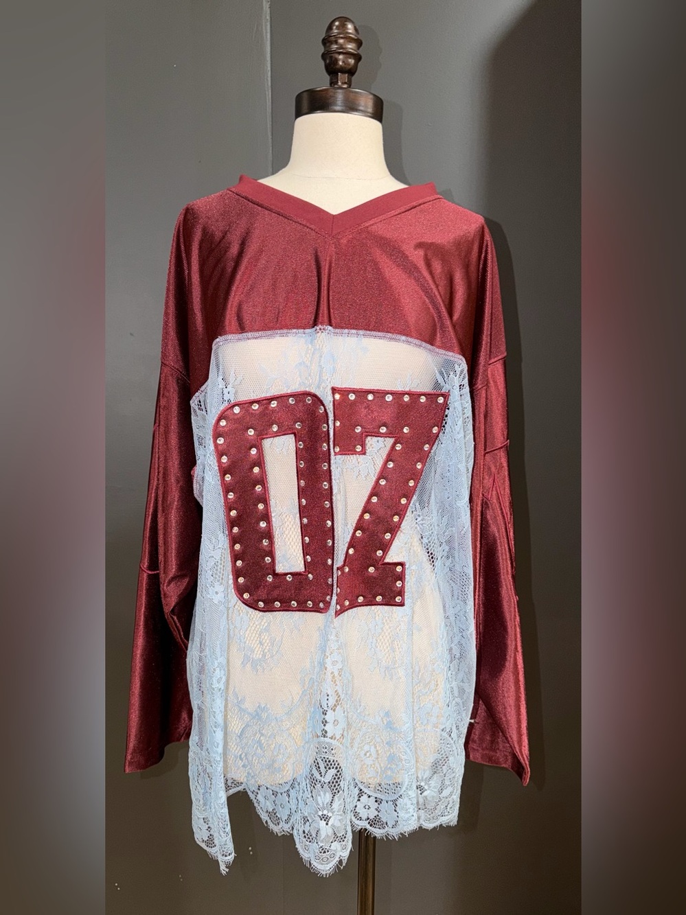 Burgundy Lace-Panel Sleep Tunic with Studded '07' Accent
